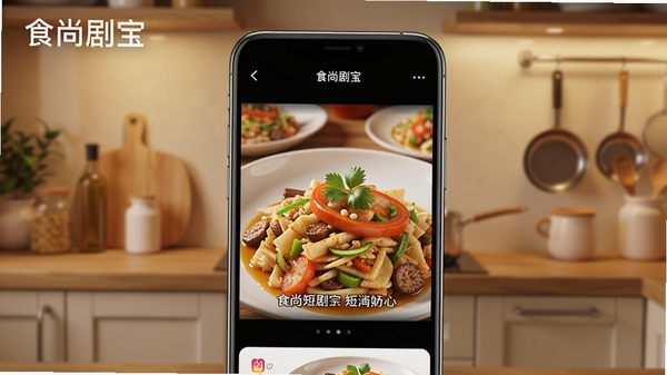 创作一幅展示食尚剧宝应用核心界面的高清渲染图,画面主体是一部正在播放美食短剧的智能手机,屏幕中色彩鲜艳的菜品特写与剧情字幕清晰可见,背景采用模糊的暖色调厨房环境,突出应用带来的沉浸观剧氛围,整体风格写实且充满生活气息,画面中需标注“食尚剧宝”字样。