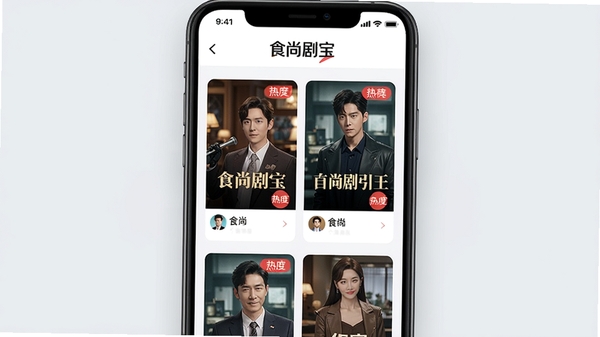 生成一张食尚剧宝应用内推荐页面的手机截图风格图片,界面顶部显示“食尚剧宝”logo,下方是瀑布流卡片式剧集封面,每张卡片上都有剧名和热度标签,背景为浅灰色,整体UI设计现代简洁,突出个性化推荐功能。