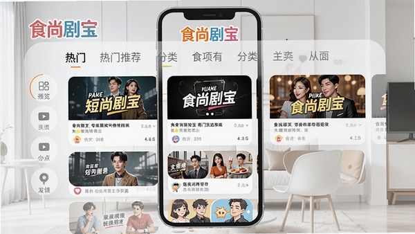 食尚剧宝主界面预览图,展示热门短剧推荐列表与分类导航栏,背景为现代简约风格,手机全屏显示,色彩明快,突出软件名称logo