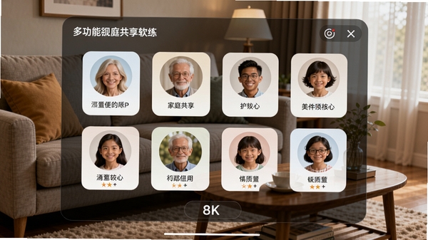 多功能视力训练家庭版软件家庭共享界面,展示多个家庭成员头像卡片,背景为客厅环境,沙发和茶几,画面温馨,界面简洁,突出共享概念,8k画质