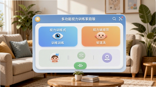 多功能视力训练家庭版软件主界面,展示训练模式选择菜单,背景为温馨的家庭客厅环境,沙发与绿植错落,画面中央是软件操作面板,色彩柔和,光线明亮,突出视力训练的主题,使用3D渲染风格,高细节,8k分辨率