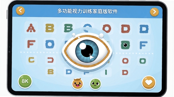 多功能视力训练家庭版软件视力评估界面,卡通风格的眼睛图标在屏幕中央,周围有彩色视标,背景为浅蓝色,界面友好活泼,适合儿童,画面清晰,光线柔和,8k