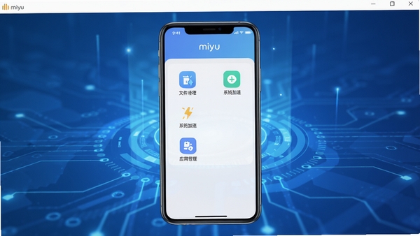 miyu软件主界面展示,画面中央为手机屏幕,屏幕上显示miyu的简洁功能菜单,包含文件清理、系统加速、应用管理等图标,背景为渐变的蓝色科技感光效,整体风格清爽现代,突出工具的实用性与高效性