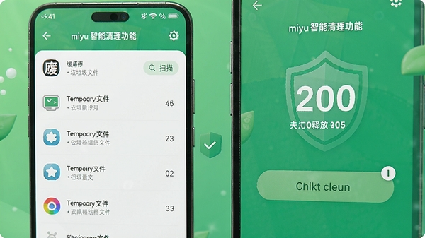 miyu智能清理功能界面,手机屏幕上显示扫描到的垃圾文件列表,包括缓存、临时文件等,点击清理按钮后显示释放空间的大小,背景为绿色清新风格,强调安全高效