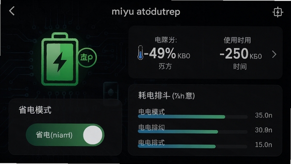 miyu电池管理界面,显示电池电量百分比、温度、剩余使用时间,下方有省电模式开关和耗电排行列表,背景为深色科技感,电池图标为绿色,突出节能与持久