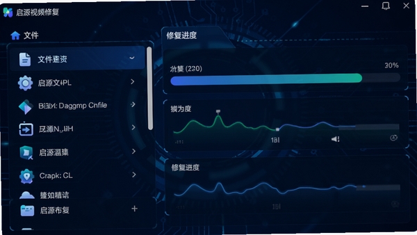 启源视频修复主界面,左侧为文件列表,右侧为修复进度,背景为深蓝色科技感风格,图标明亮清晰