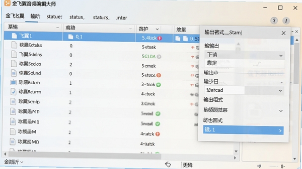 金飞翼音频编辑大师批量转换功能运行截图,展示文件列表与输出格式选择菜单,界面风格简洁明快,文件状态标识清晰,背景为浅色渐变,凸显功能操作流程