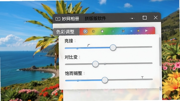 妙网相册拼版软件色彩调整面板特写,显示亮度、对比度、饱和度滑块,背景是一张色彩鲜艳的风景照片,界面风格简洁专业