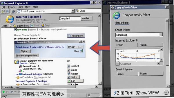 Internet Explorer 8 兼容性视图功能演示,画面左侧是老式网页正常显示的界面,右侧是兼容性视图设置面板,对比效果明显