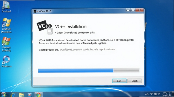 展示VC++ 2010可再发行组件包安装界面,背景为简洁的Windows桌面环境,前景是蓝色的安装进度条窗口,画面清晰明亮,突出软件安装包的实用属性