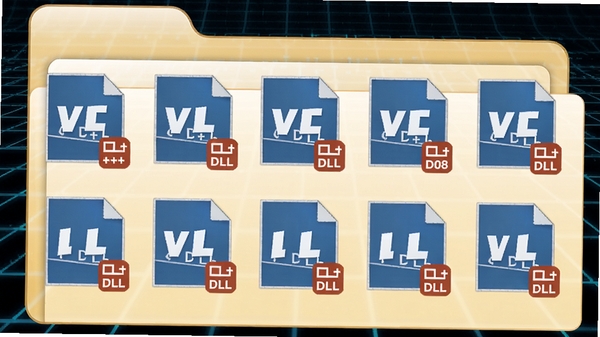 VC++ 2008可再发行组件包运行库文件示意图,展示多个DLL文件图标排列在文件夹中,文件图标带有蓝色和红色标识,背景为简洁的科技感网格
