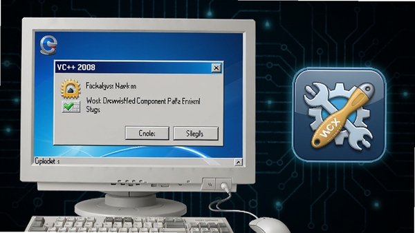 VC++ 2008可再发行组件包错误修复示意图,显示电脑屏幕上弹出错误对话框,旁边有修复工具图标,背景为深色技术风格