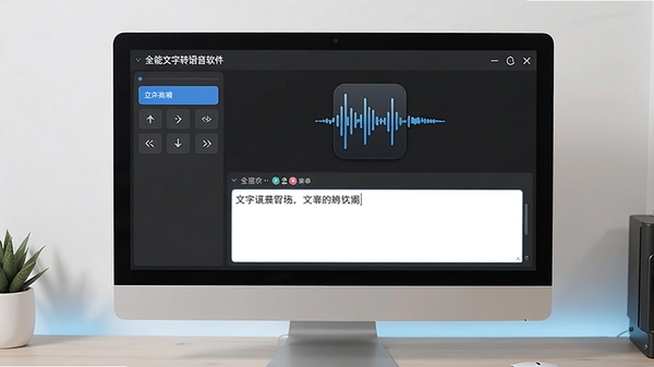 全能文字转语音软件主界面预览图,展示简洁的操作面板和文字输入区域,背景为干净的浅色工作台,电脑屏幕中显示波形音频图标,整体风格专业且现代