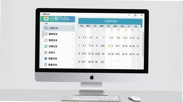 小智ToDo主界面展示,左侧任务列表,右侧日历视图,现代扁平化设计风格,背景为浅灰色工作台,桌面电脑屏幕居中显示,画面明亮清晰,突出软件名称小智ToDo