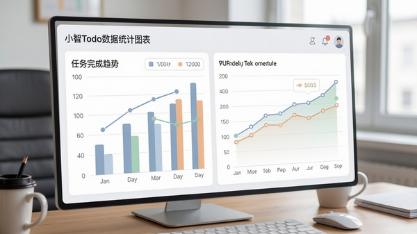 小智ToDo数据统计图表界面,柱状图与折线图展示任务完成趋势,色彩搭配柔和,界面简洁,背景为办公桌面,体现数据可视化功能