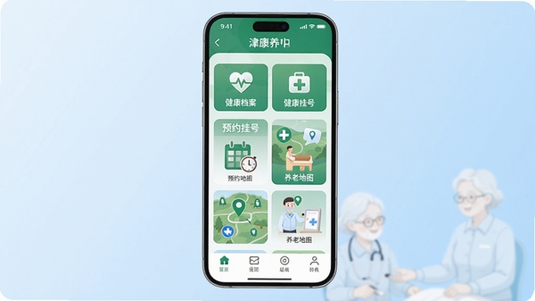 津康养软件主界面展示,画面中央是一部智能手机屏幕,上面清晰显示着津康养APP的首页布局,包含绿色主色调的图标、健康档案、预约挂号、养老地图等模块,背景是柔和渐变的浅蓝色,营造出宁静、专业的医疗养老氛围,整体风格简洁明亮,适配Boogu模型生成。