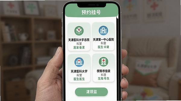 津康养APP的预约挂号功能页面截图风格展示,顶部显示“预约挂号”标题,下方排列着天津市各大医院图标,如天津医科大学总医院、天津第一中心医院等,每个卡片上标注有科室和医生姓名,界面以浅绿色和白色为主,按钮圆润,整体清晰易读,适合老年人操作。