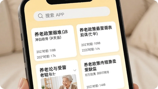 津康养APP的资讯页面展示,屏幕上显示多条养老政策新闻卡片,配有标题和发布时间,背景为淡黄色,顶部有搜索栏,界面简洁,文字清晰,整体风格温馨,符合中老年用户阅读习惯。