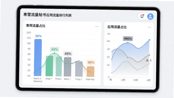 寒雪流量秘书应用流量排行列表界面,展示各应用流量占比条形图,背景为浅色数据统计风格,带有平滑曲线图表和百分比标注,整体设计干净清晰。