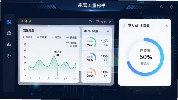 寒雪流量秘书主界面预览图,显示流量仪表盘和本月已用流量统计卡片,背景为深蓝色科技感界面,图标简洁清晰,色彩鲜艳,展示数据图表与百分比进度环,整体风格现代且信息直观。