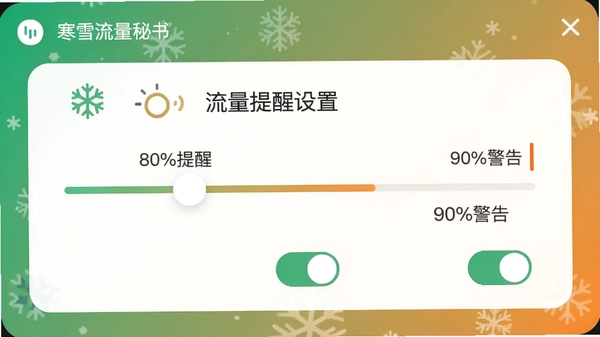 寒雪流量秘书流量提醒设置界面,展示滑动条设置80%提醒和90%警告,背景为绿色和橙色渐变,带有图标和开关按钮,风格简洁友好。
