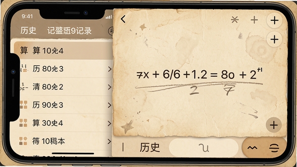 机算器历史记录和草稿本功能展示图,手机界面左侧滑出历史列表,右侧主区域显示一个固定公式草稿,背景有淡淡的纸张纹理,色调温暖,强调记录与整理的便捷性