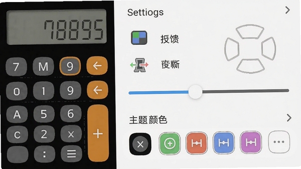 机算器设置界面截图,展示按键反馈调节滑块和主题颜色选项,背景为浅色设置列表,图标清晰,强调个性化设置功能
