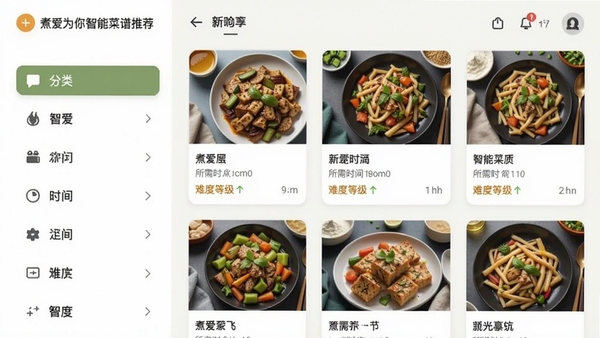煮爱为你智能菜谱推荐界面截图,左侧是分类列表,右侧显示多张美食卡片,每张卡片上标注菜名、所需时间和难度等级,界面采用简洁的卡片式布局,颜色清新自然。
