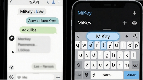 MiKey输入法界面展示智能联想功能,屏幕上显示出预测的下一个词条,背景为浅色系聊天界面,键盘区域高亮显示联想词,整体视觉清晰,强调高效输入。