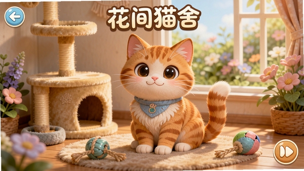 花间猫舍游戏主界面,一只可爱的橘猫坐在温馨的猫舍中,周围有猫爬架和玩具,背景是淡雅的花园,整体画面明亮温暖,卡通渲染风格,细节丰富,适合作为应用宣传图