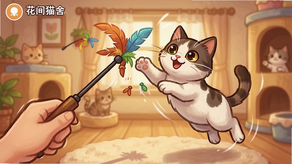 花间猫舍互动玩法截图,玩家手持逗猫棒与猫咪玩耍,猫咪跳跃扑向逗猫棒,画面动态感强,背景是温馨的室内猫舍,暖色调,卡通风格