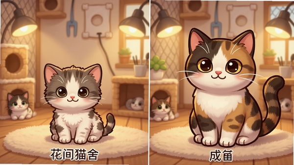 花间猫舍猫咪成长过程展示图,从幼猫到成猫的对比,画面分左右两部分,左边是小奶猫,右边是成年猫,背景是猫舍内部,温馨灯光,卡通风格,突出成长变化