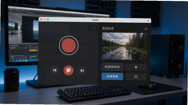 CamIn软件主界面预览图,展示简洁的录制控制面板与高清画质选项,背景为多媒体工作站环境,画面主体突出软件窗口,科技感与专业感并存