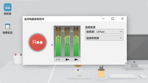 金舟电脑录音软件主界面预览图,展示简洁的录音控制面板,包含红色录音按钮、音量电平表、音频源选择下拉菜单,背景为浅灰色桌面环境,画面主体居中,界面清晰,风格偏扁平化设计