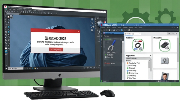 浩辰CAD 2023运行错误修复示意图,显示电脑屏幕上出现错误提示框,旁边有修复工具界面,整体氛围专业且具有指导性