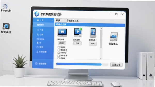 永赞数据恢复软件主界面预览图,展示软件logo、磁盘分区选择列表与扫描进度条,背景为干净整洁的电脑桌面环境,整体风格现代简洁,色彩以蓝色和白色为主,高清数字艺术风格