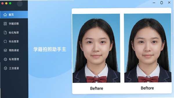 学籍拍照助手主界面预览图,左侧为功能导航栏,右侧显示一名学生证件照的标准化处理前后对比效果,背景为浅蓝色渐变,画面中心显示软件名称,整体风格简洁明亮,突出高效与专业感