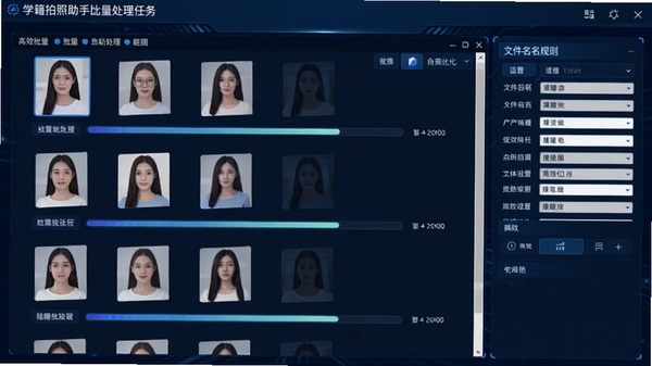 学籍拍照助手批量处理任务界面,画面中显示多个照片文件正在队列中依次处理,进度条清晰可见,右侧为文件命名规则设置面板,背景为深蓝色科技感界面,突出高效、批量、自动化的软件特性