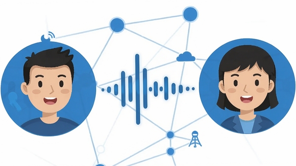 19talk高清语音通话功能示意图,展示两个通话中的卡通人物头像,中间以清晰的声波图形连接,背景为简洁的网络拓扑图,色调以蓝色和白色为主,体现稳定与清晰