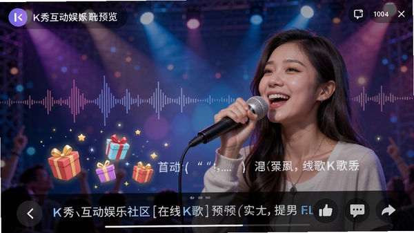K秀互动娱乐社区在线K歌功能预览图,画面中一位用户正在演唱,屏幕下方显示歌词与虚拟礼物特效,背景为动态渐变舞台灯光,突出实时音效与互动氛围