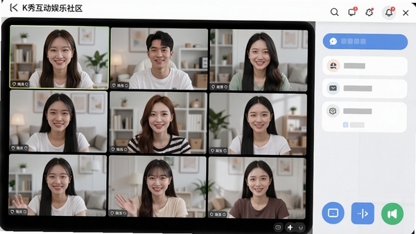 K秀互动娱乐社区高清视频互动房间预览图,展示多人视频窗口排列,每位用户画面清晰,右下角有互动按钮,背景为简洁明亮的社区界面,强调流畅的视频体验与互动性