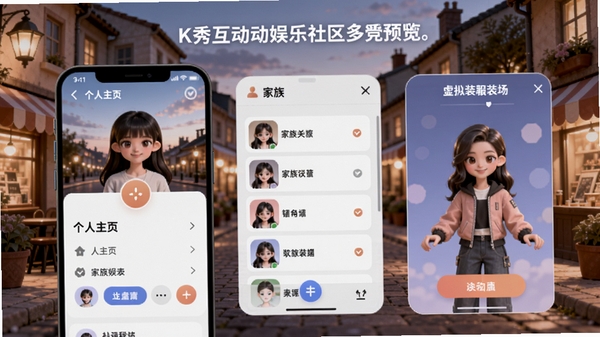 K秀互动娱乐社区多元社交功能预览图,展示个人主页、家族列表与虚拟形象装扮界面,背景为温馨的社区街道风格,体现社交互动与个性化定制
