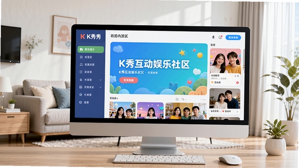 K秀互动娱乐社区电脑版主界面预览图,左侧为功能导航栏,右侧为内容展示区域,整体风格清新明亮,背景为现代简约的客厅环境,电脑屏幕中清晰显示K秀互动娱乐社区的欢迎界面,画面细节丰富,色彩饱满