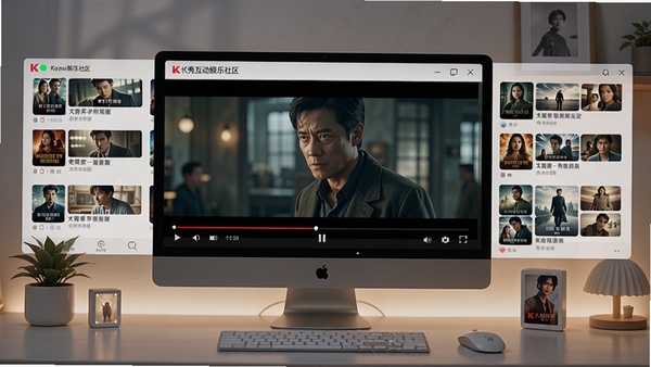 K秀互动娱乐社区的视频播放界面,画面中正在播放一部高清电影,播放器控制栏清晰可见,周围有相关影片推荐列表,电脑桌面环境整洁,屏幕光线柔和,强调观影的沉浸感
