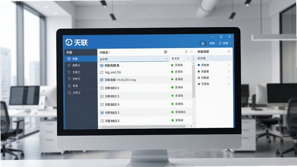 天联高级版客户端主界面截图,展示简洁的服务器连接列表与连接状态指示,背景为现代办公环境,画面主体为电脑屏幕中的软件界面,清晰显示“天联”品牌标识,整体色调以蓝白为主,风格写实清晰