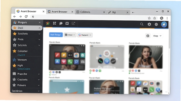 Avant Browser 多标签浏览器主界面,左侧为收藏夹面板,右侧为网页内容,顶部标签栏清晰可见,整体风格简洁明快,画面主体突出浏览器窗口,背景为干净的浅色渐变,适配Boogu模型生成