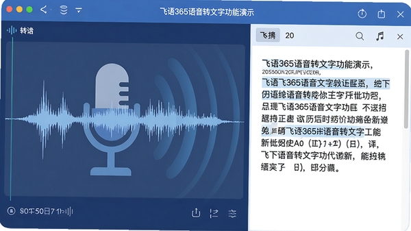 飞语365语音转文字功能演示,界面展示一条语音波形图正在被转换为文字,文字段落清晰显示在右侧编辑区,背景有麦克风图标和声波扩散的视觉效果,整体风格简洁直观