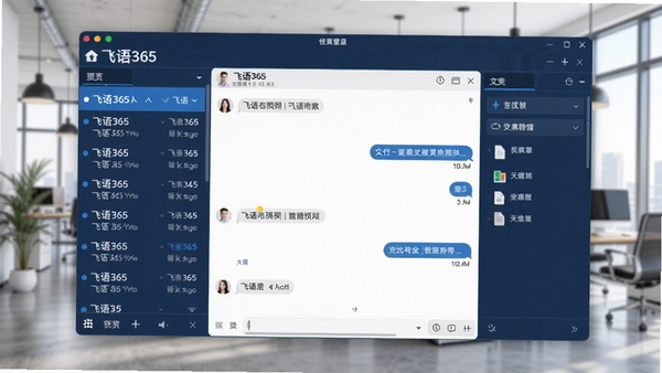 飞语365主界面预览图,整洁的深蓝色调桌面软件窗口,左侧为会话列表,右侧为清晰的对话框和文件传输面板,背景为虚化的现代办公室环境,整体画面明亮且专业