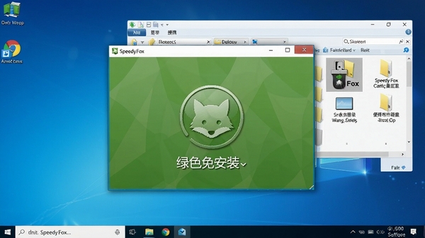 SpeedyFox软件运行环境示意图,显示其绿色免安装特点,画面中软件窗口悬浮于纯净的Windows桌面之上,周围无任何弹窗广告,文件资源管理器打开着存放软件的U盘目录,强调便携与安全性,风格写实