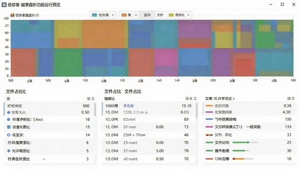 优你客磁盘分析功能运行预览图,展示彩色区块分布图与文件占比统计列表,画面数据感强,界面清晰